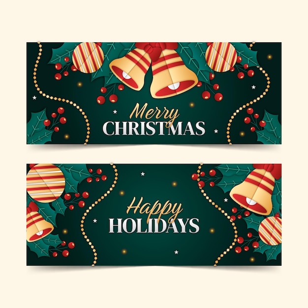 Gratis vector papier-achtige horizontale kerstbanners met klokken en mistletoe