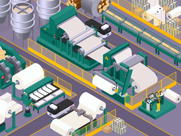 Papier productie achtergrond met transportband en fabricage symbolen isometrisch