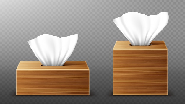 Gratis vector papieren servet in houten kisten mockup, open blanco pakketten met tissue pull doekjes. de hygiënetoebehoren, bruine houten pakketten die op transparante achtergrond, realistische 3d illustratie worden geïsoleerd, bespotten omhoog