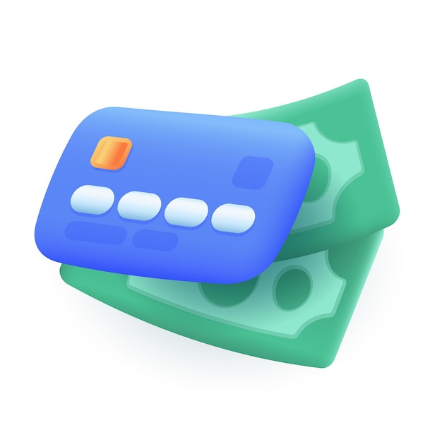 Gratis vector papiergeld of dollarbiljetten en blauwe creditcard 3d illustratie. cartoon tekening van betalingsopties in 3d-stijl op witte achtergrond. betaling, financiën, winkelen, bankieren, handelsconcept