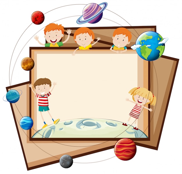 Gratis vector papierontwerp met kinderen en planeten