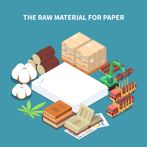 Papierproductie isometrische illustratie met ruwe houtmaterialen en machines voor houtoogst