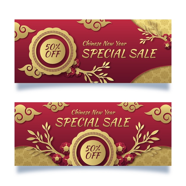 Gratis vector papierstijl chinees nieuwjaar verkoop horizontale banners set
