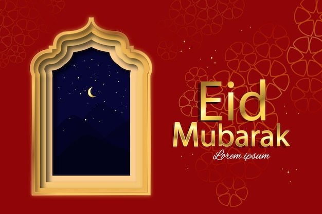 Gratis vector papierstijl happy eid mubarak met arabisch venster