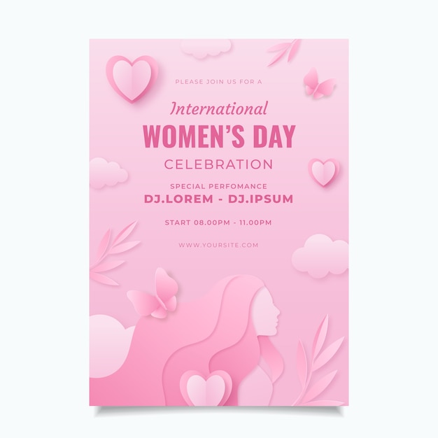 Gratis vector papierstijl internationale vrouwendag verticale postersjabloon