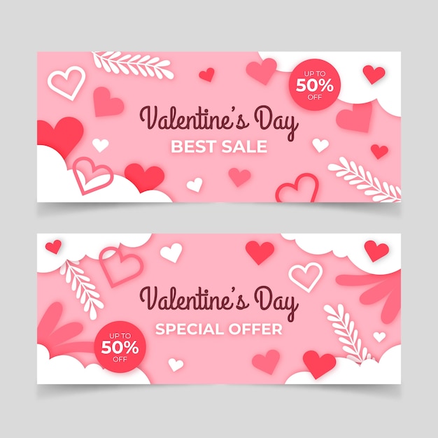 Gratis vector papierstijl valentijnsdag verkoop horizontale banners set