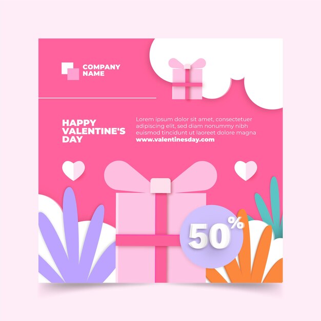 Gratis vector papierstijl valentijnsdag verkoop vierkante flyer-sjabloon
