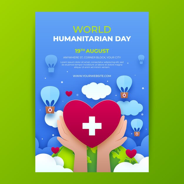 Gratis vector papierstijl wereld humanitaire dag poster sjabloon met handen met hart