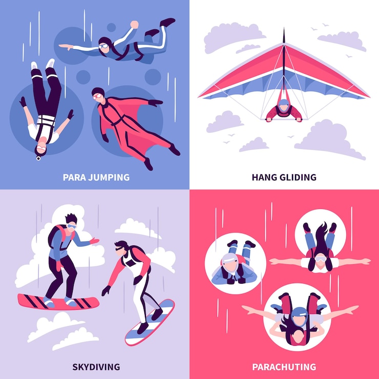 Gratis Vector parachutespringen concept pictogrammen die met deltavliegen symbolen platte geïsoleerde vector illustratie