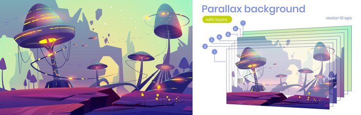 Gratis Vector parallax achtergrond buitenaardse planeet 2d landschap met fantasie paddestoelen bomen of gebouwen en rotsen. buitenaardse natuur gelaagde scène voor computerspel. cartoon vector landschapsweergave, ui-animatie