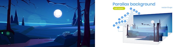 Gratis Vector parallax achtergrond cartoon nacht natuur landschap