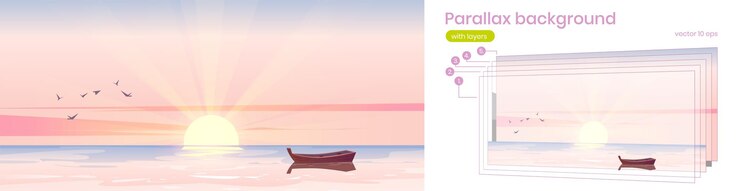 Gratis Vector parallax achtergrond met boot in zee bij zonsopgang