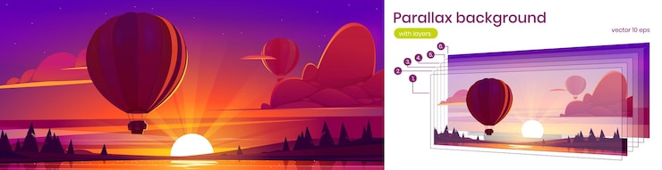 Gratis Vector parallax achtergrond met hete luchtballon vliegen