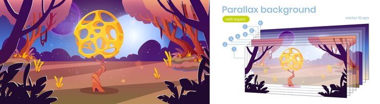 Gratis Vector parallax-achtergrond met ongewone gele paddenstoel