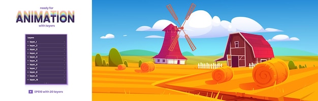 Gratis vector parallax achtergrond met velden schuur en windmolen