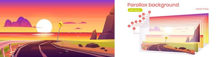 Gratis Vector parallax achtergrond met weg, zee en zonsondergang