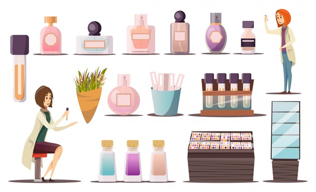 Parfum winkel pictogrammenset met cosmetische hoeken etalages en cosmetische producten