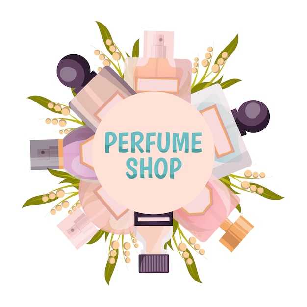 Parfum winkel ronde frame achtergrond in pastel tinten met flacons en lelie van de vallei