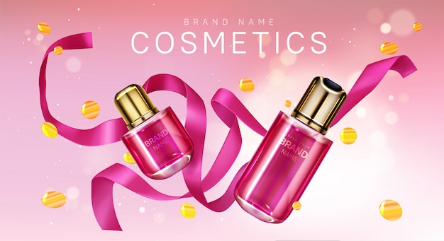 Gratis vector parfumflesjes met roze lint en confetti