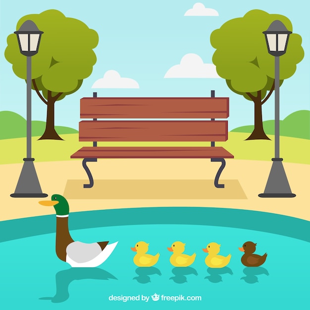 Gratis vector park met familie van eenden in het meer