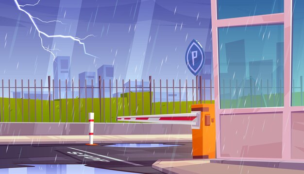 Parkeerbeveiligingsingang bij regenachtig weer, storm en bliksem. Gesloten toegang tot het privégebied met omheining, automatische autobarrière, wachthokje, stoplijn en verkeersbord, Cartoon vectorillustratie