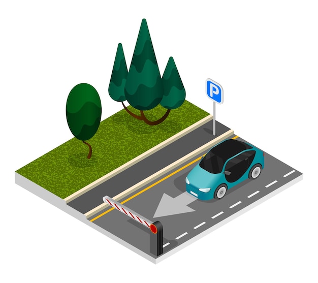 Gratis vector parkeren isometrisch concept met bestuurder van de auto gaat naar de parkeerplaats achter de slagboom vectorillustratie