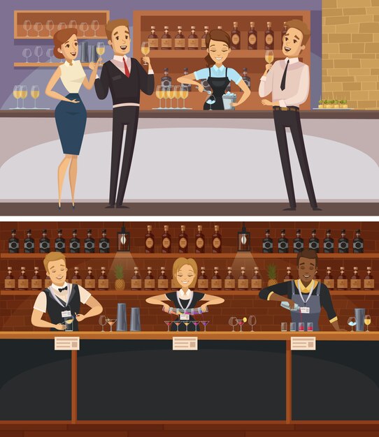 Partij in horizontale banners van het bar de binnenlandse beeldverhaal met barmannen en gasten die wijnglazen houden