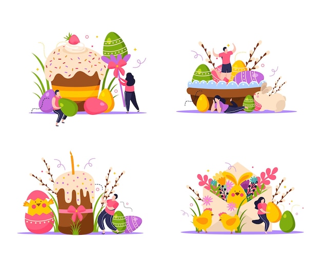 Pasen-conceptpictogrammen die met gekleurde eieren vlakke geïsoleerde illustratie worden geplaatst