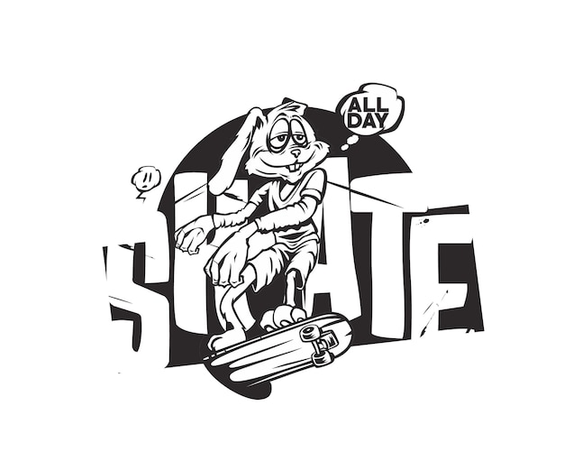 Pasen T-shirt Design Bunny met Skateboard tekst de hele dag Skate sjabloon voor spandoek.
