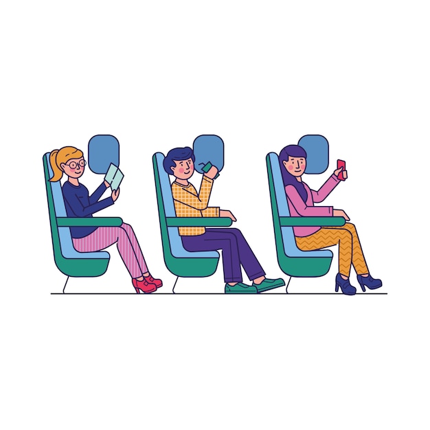 Passagiers die reizen per vliegtuig vlakke afbeelding