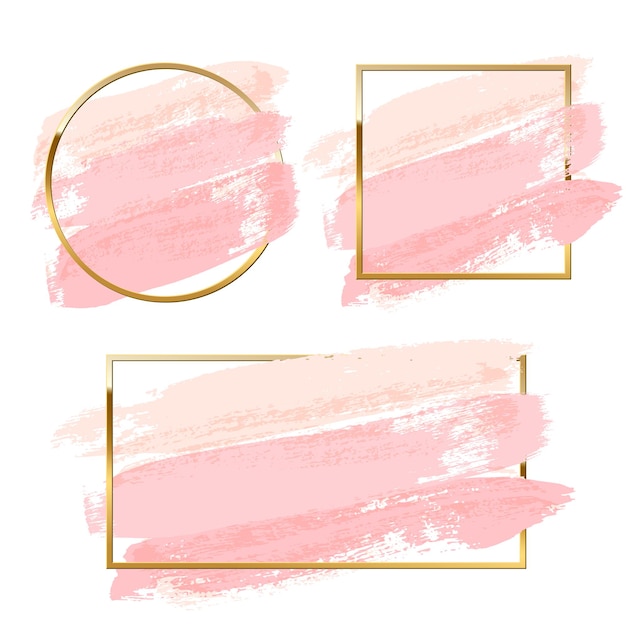 Pastel roze penseelstreken set met ronde, vierkante en rechthoekige gouden frames geïsoleerd op een witte achtergrond.
