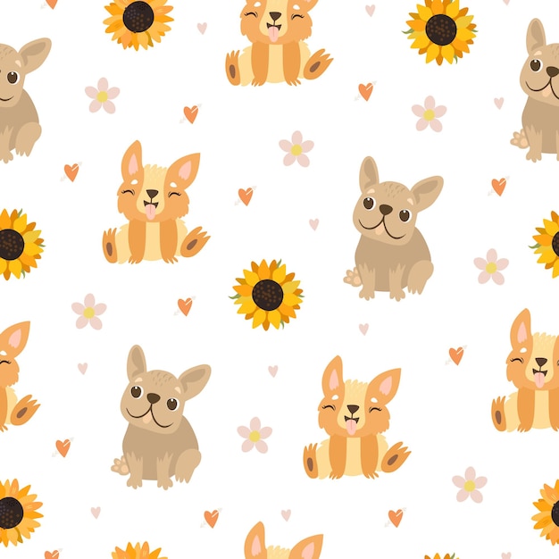 Gratis vector patroon met honden en zonnebloemen