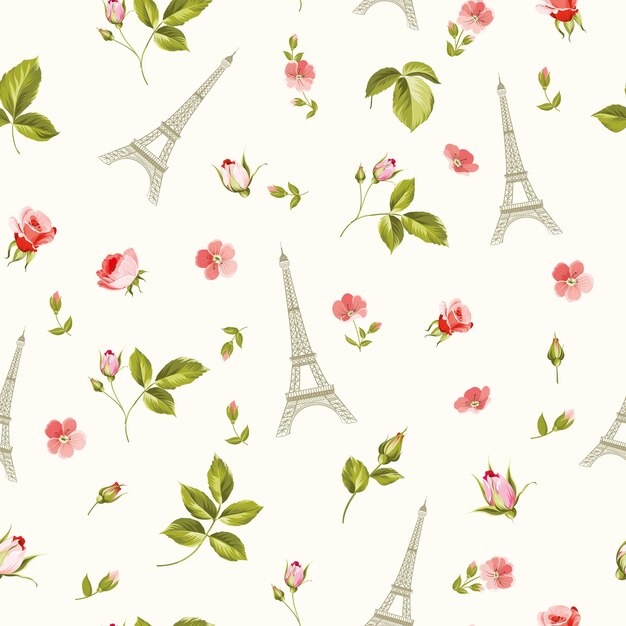 Patroon met rode bloemenbladeren en de toren van Eiffel.