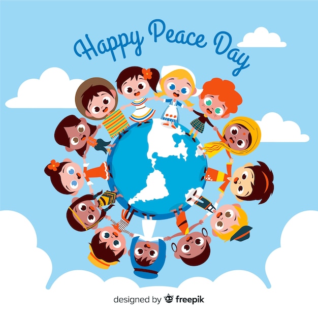 Gratis vector peace day background kinderen hand in hand over de hele wereld