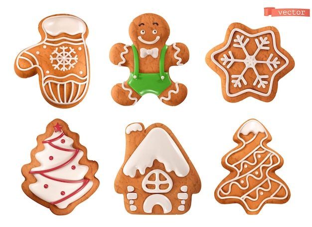 Peperkoek kerstkoekjes. want, man, sneeuwvlok, boom, huis. 3d-realistische vector icon set