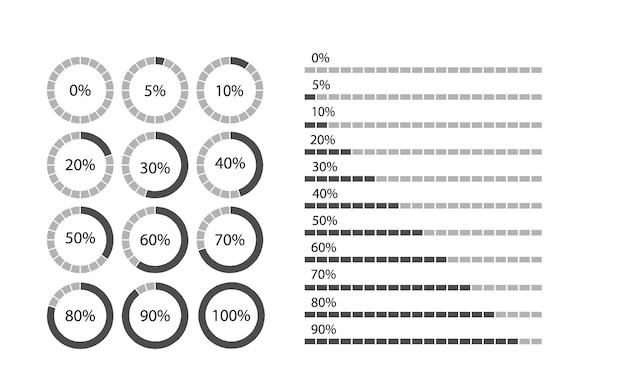 Percentage weergaveschaal, gedeeld door 5. zwarte dunne omtrekafbeeldingen. ontwerpelement voor infographics