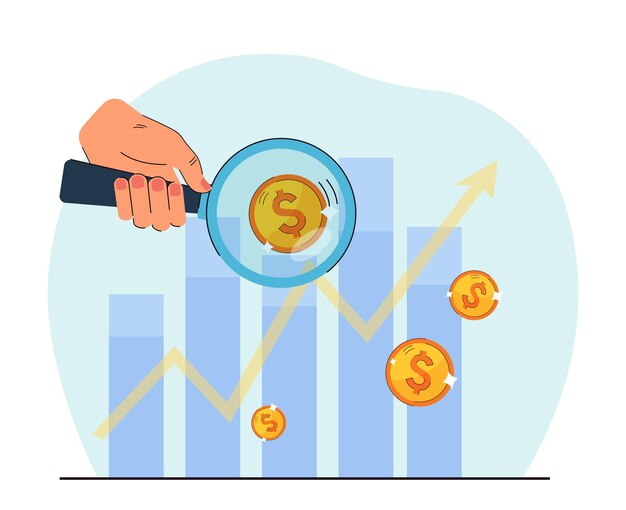 Persoon die financiële grafiek analyseert. Hand met vergrootglas tegen grafieken met munten. Financiën, bankieren, bedrijfsconcept voor banner, websiteontwerp of bestemmingswebpagina