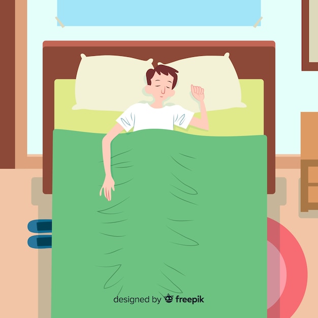 Gratis vector persoon die in bed in vlakke stijl slaapt