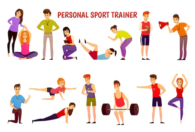 Gratis vector persoonlijke sporttrainer orthogonale pictogrammen