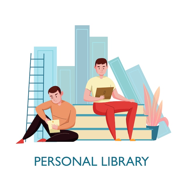 Gratis vector persoonlijke virtuele bibliotheek vlakke samenstelling met 2 jonge mannen die op boeken zitten die elektronische teksten vectorillustratie lezen