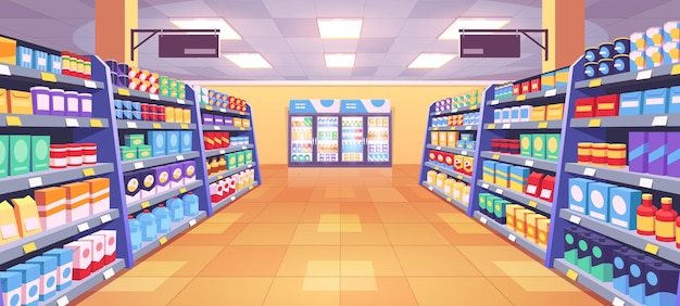 Gratis vector perspectiefaanzicht van het gangpad van de supermarkt