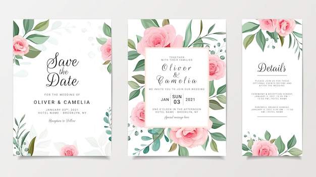 Perzik bloemen bruiloft uitnodiging kaartsjabloon ingesteld met bloemen frame decoratie