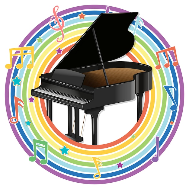 Piano in regenboog rond frame met melodiesymbolen