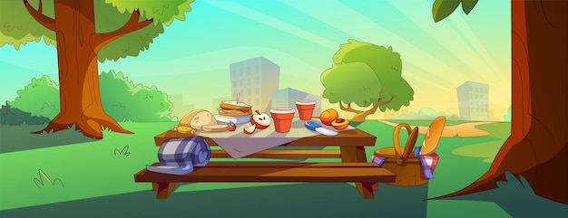 Gratis vector picknick in het park op tafel met bank cartoon vector achtergrond zomerbanner met lunchopstelling op een zonnige dag in de stadstuin broodfruit koffiebeker en maaltijd in de buitenlucht met uitzicht op het stadsbeeld