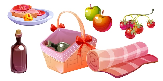 Gratis vector picknick mand met voedsel fruit en wijn