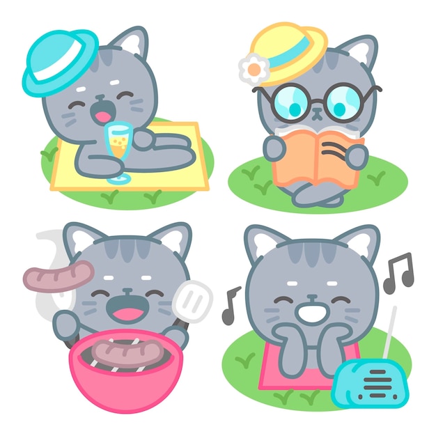 Gratis vector picknickstickerscollectie met tomomi de kat