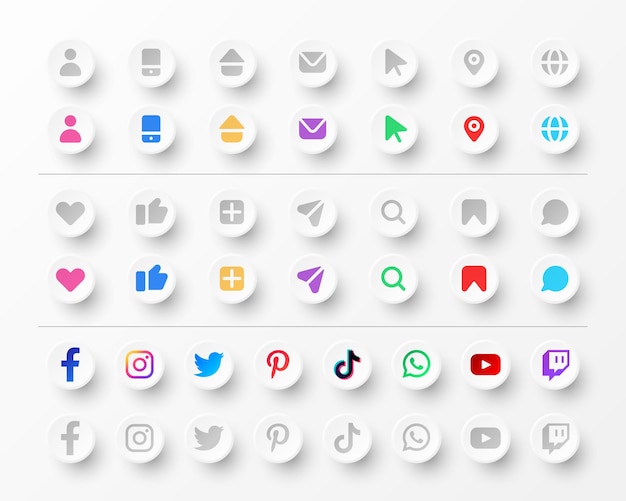 Pictogrammen en sociale media-logo'sverzameling voor visitekaartjes en websites in neumorfismestijl