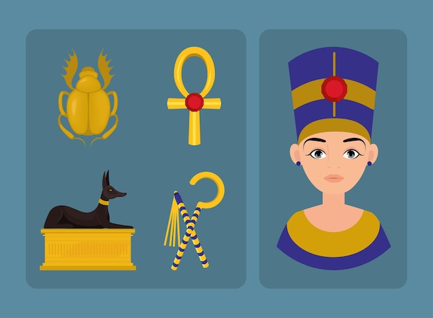 Gratis vector pictogrammen instellen egypte standbeeld en ornamenten