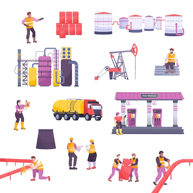 Gratis vector pictogrammen van de olie-industrie die met vlakke geïsoleerde vectorillustraties van olieproductiesymbolen worden geplaatst