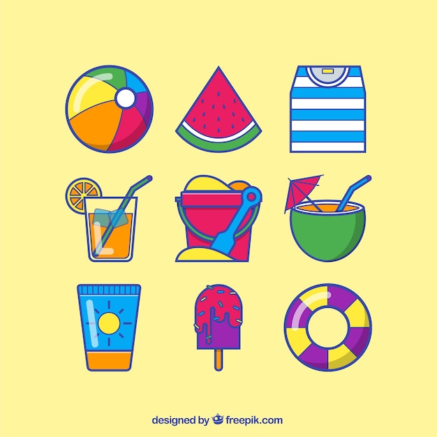 Gratis vector pictogrammen van de zomer in kleurrijke stijl